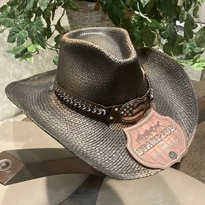 New with Tags Stampede Vintage Black Star USA Panama Straw Cowboy Hat